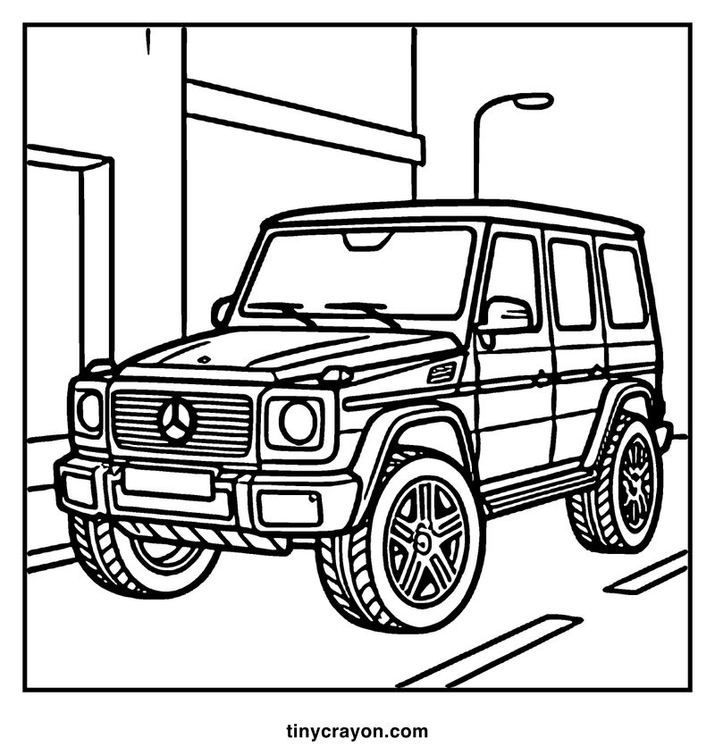A boxy SUV is driving on a city street, passing by a lamppost and a building, a baddie coloring page