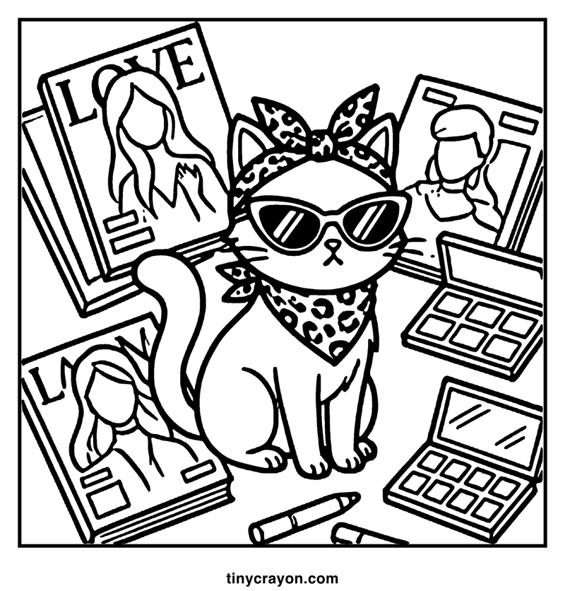 A cat wearing sunglasses and a leopard print bandana sits between two magazines, surrounded by makeup palettes and a crayon, a baddie coloring page