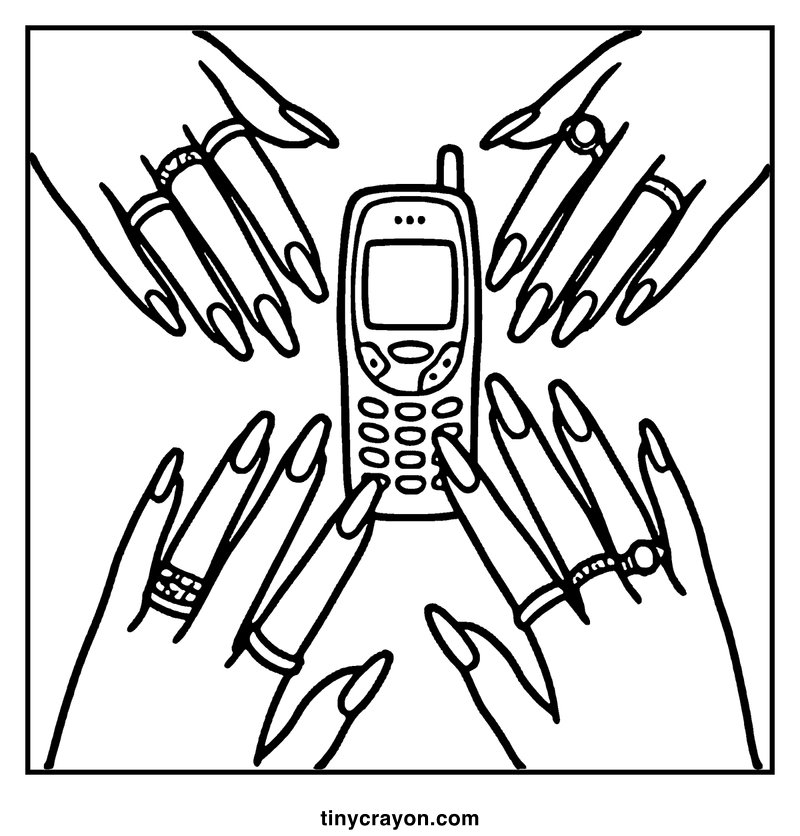 A cell phone surrounded by many pens, each with a ring on it, in a circle, a baddie coloring page