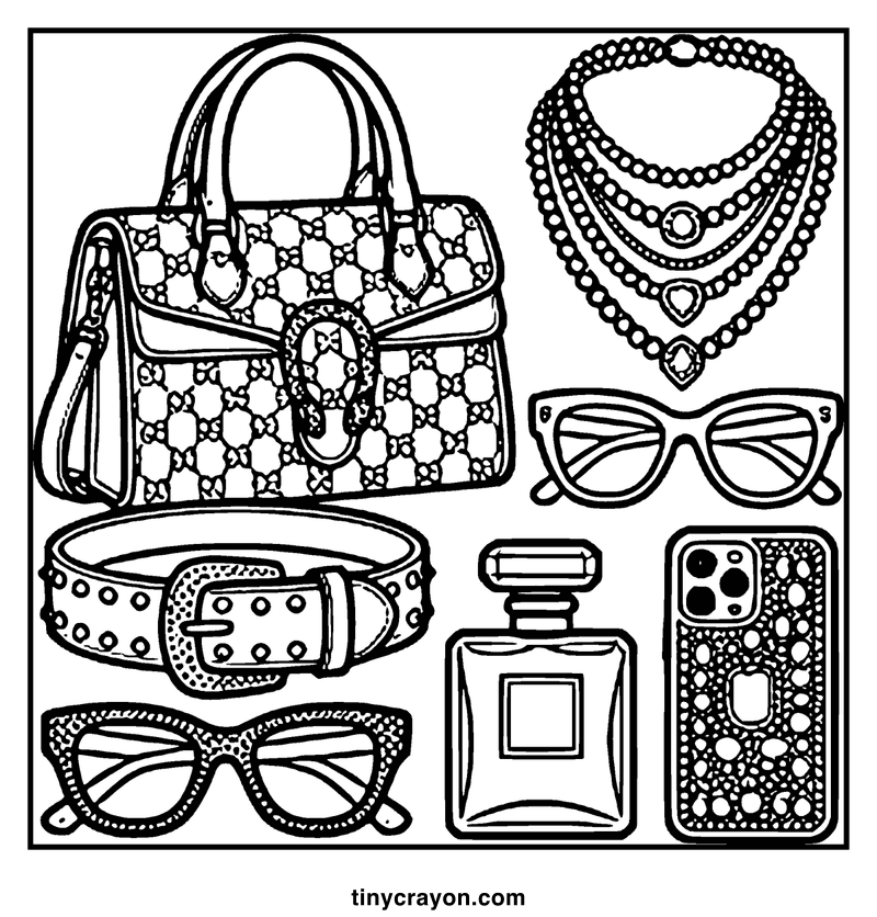 Fashion accessories including a handbag, sunglasses, a belt, a necklace, a perfume bottle and a phone, a baddie coloring page