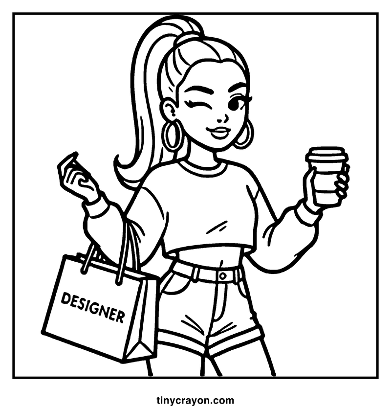 A girl holding a coffee and a shopping bag, smiling, with a ponytail and hoop earrings, a baddie coloring page