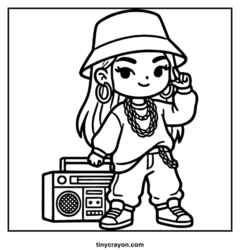 A girl in a bucket hat, wearing a chain necklace, holding a boombox, and posing confidently, a baddie coloring page