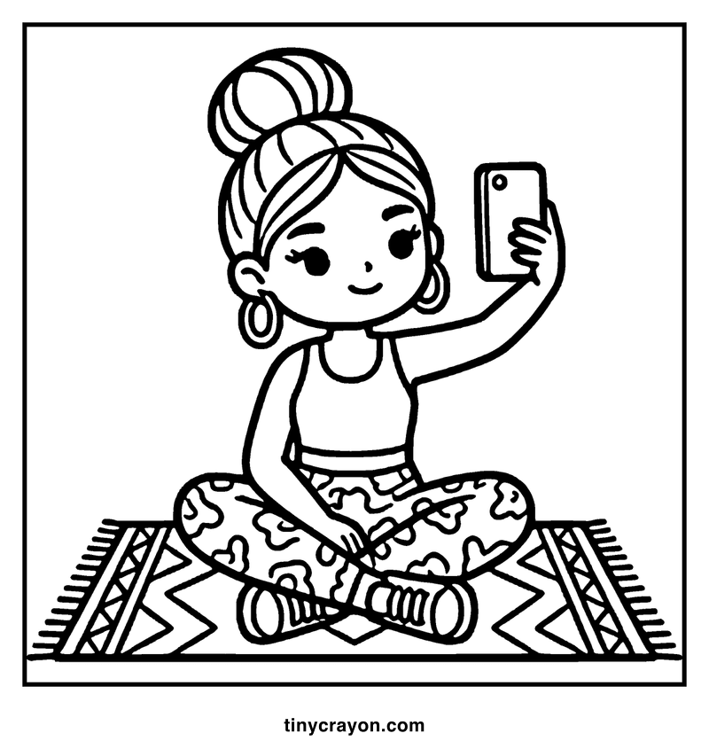 A girl is taking a selfie while sitting on a colorful rug, a baddie coloring page