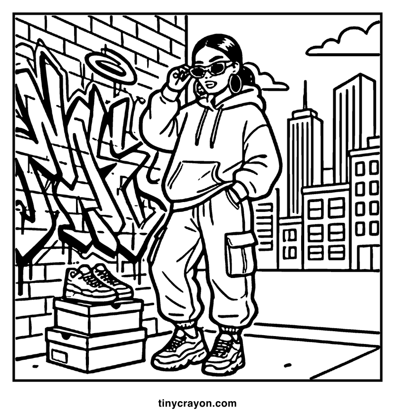 A girl stands on a brick wall, wearing a hoodie and boots, with a cityscape in the background, a baddie coloring page