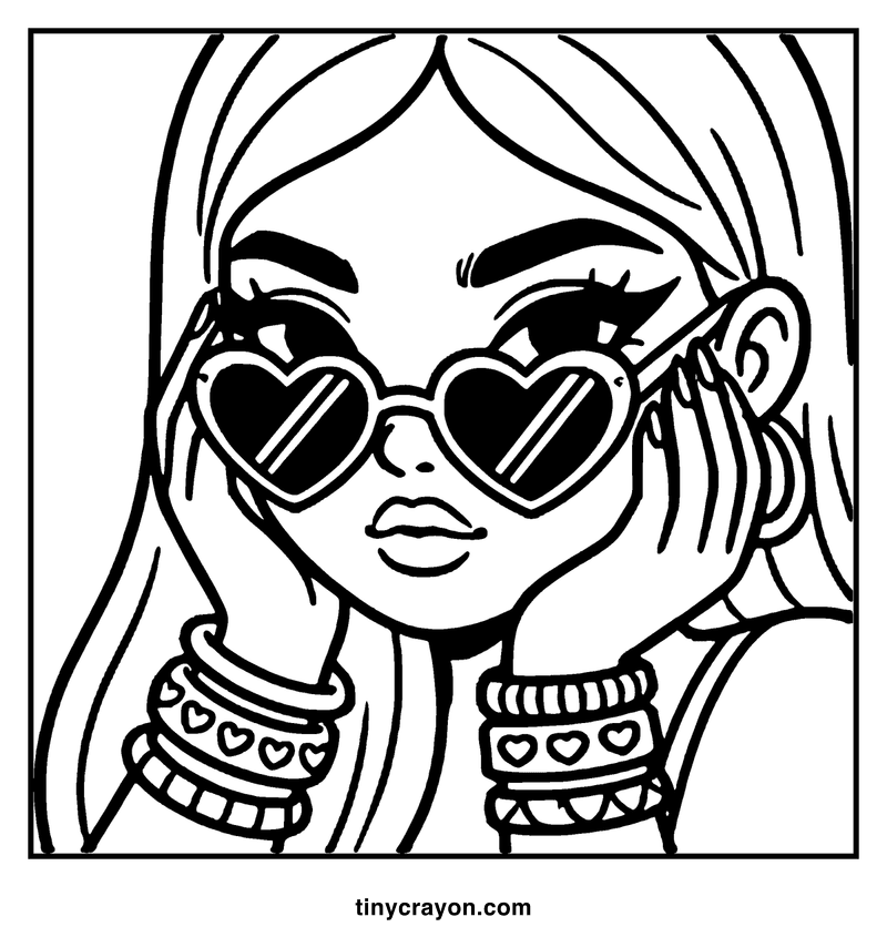 A girl wearing heart-shaped sunglasses and bracelets, holding her hands to her face, a baddie coloring page