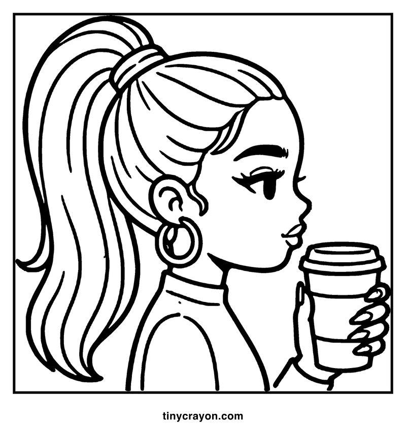 A girl with a ponytail drinks coffee from a paper cup, a baddie coloring page