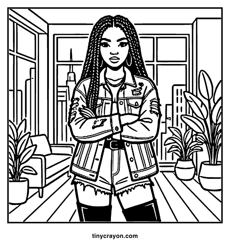 A girl with braids stands confidently in a cozy living room, arms crossed, surrounded by plants and a cityscape view, a baddie coloring page