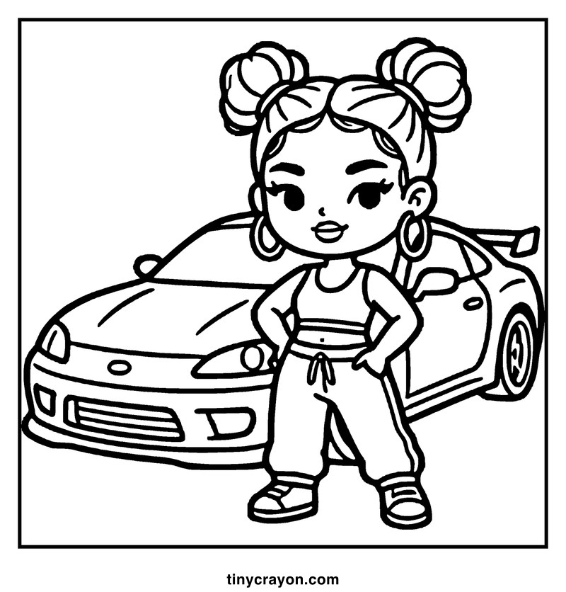 A girl with buns stands next to a sports car, holding a wrench, ready to fix it, a baddie coloring page
