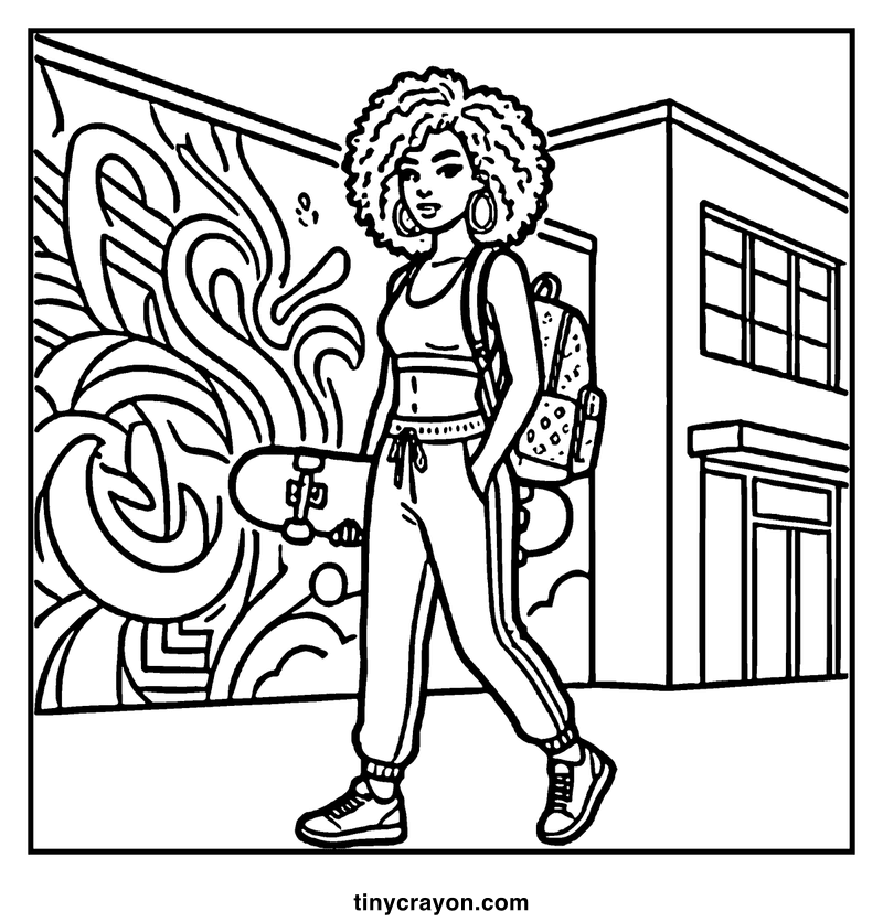 A girl with curly hair and a backpack stands next to a building with a large, stylized bird design, a baddie coloring page