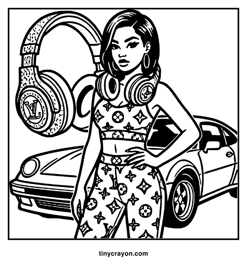 A girl with large headphones and a patterned dress stands next to a car, a baddie coloring page