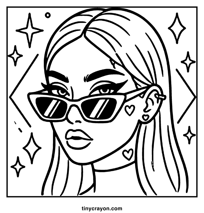 A girl with long hair and heart earrings, wearing sunglasses, surrounded by stars and geometric shapes, a baddie coloring page