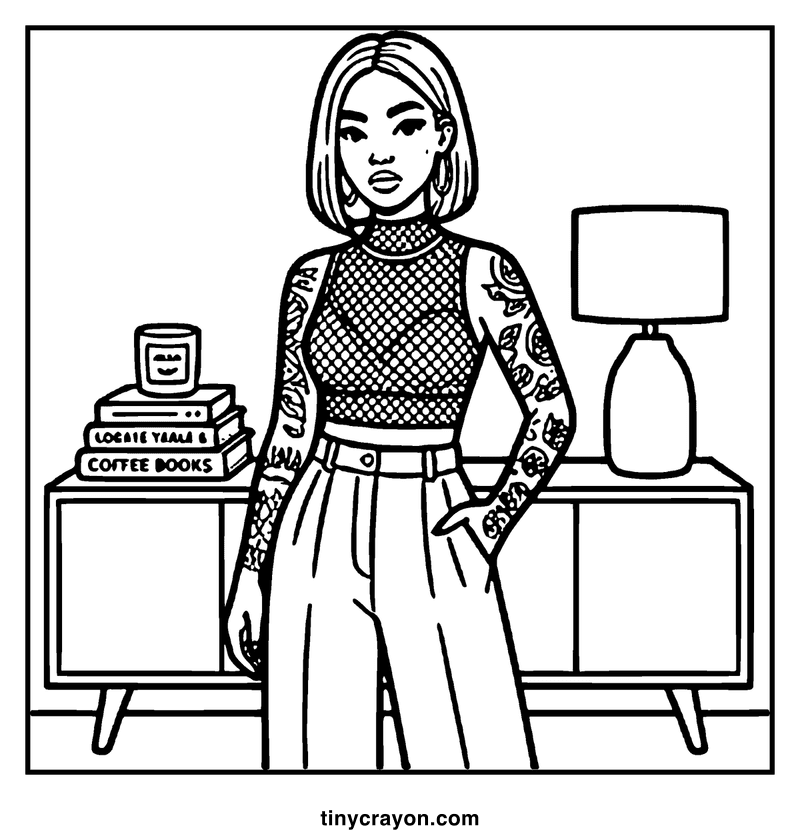 A girl with tattoos stands confidently in front of a nightstand with a lamp and books, a baddie coloring page