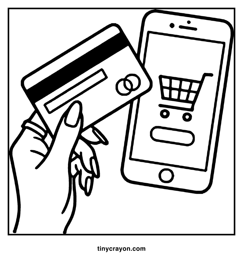 A hand holding a credit card next to a smartphone with a shopping cart icon, a baddie coloring page