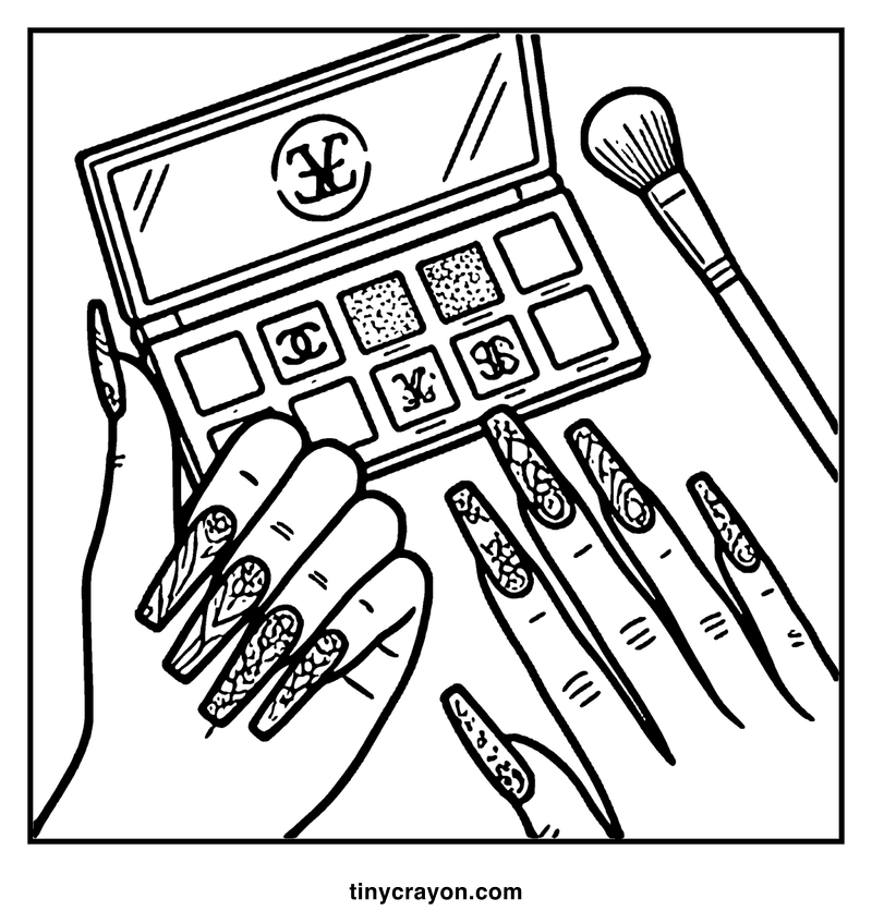A hand holding a makeup palette with a brush, nails painted with intricate designs, a baddie coloring page