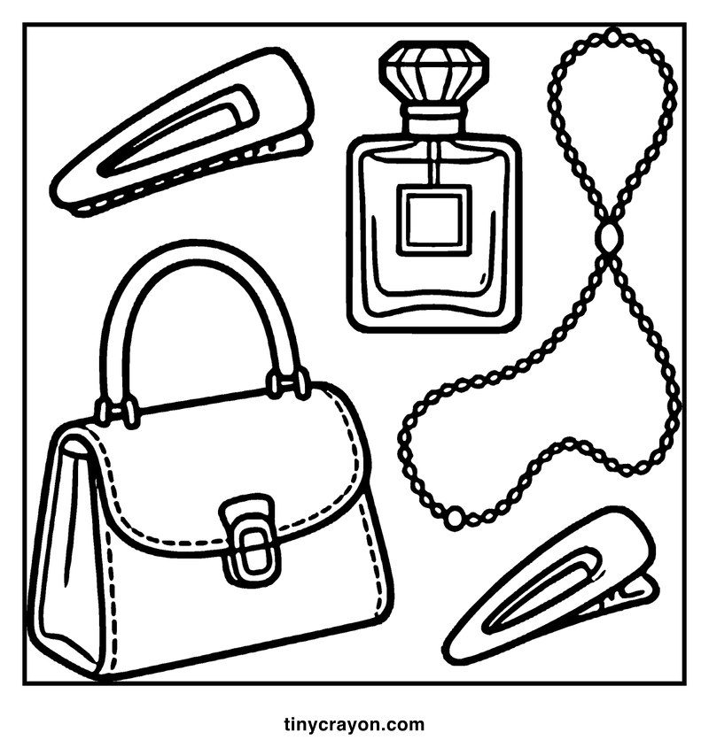 A handbag, perfume, necklace, and hair clips are scattered on a plain background, a baddie coloring page