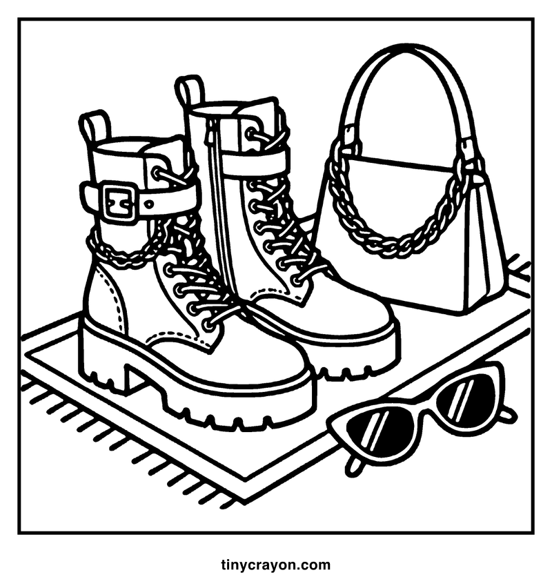 A pair of chunky boots with chains and buckles, a stylish handbag with a chain strap, and a pair of sunglasses on a textured surface, a baddie coloring page