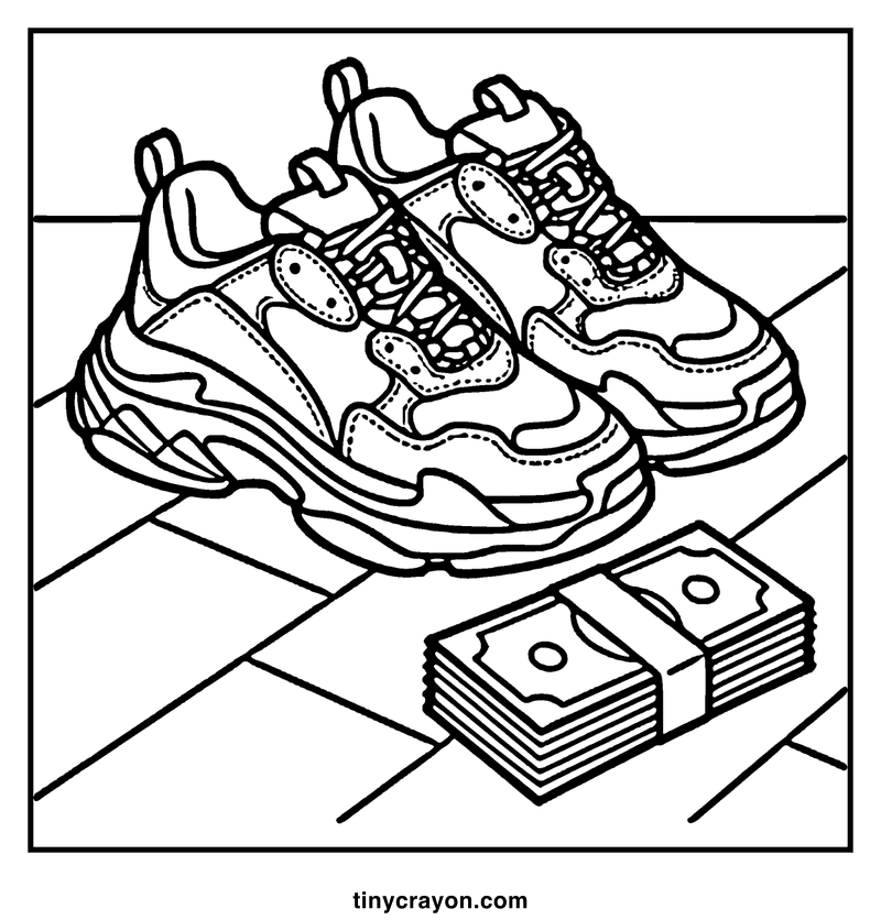 A pair of sneakers lying on a stack of money, a baddie coloring page