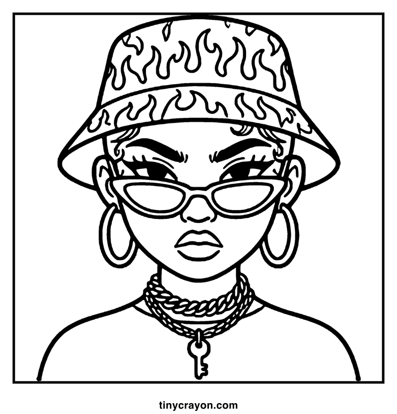 A person wearing a flame-patterned bucket hat, large hoop earrings, and a key necklace, a baddie coloring page