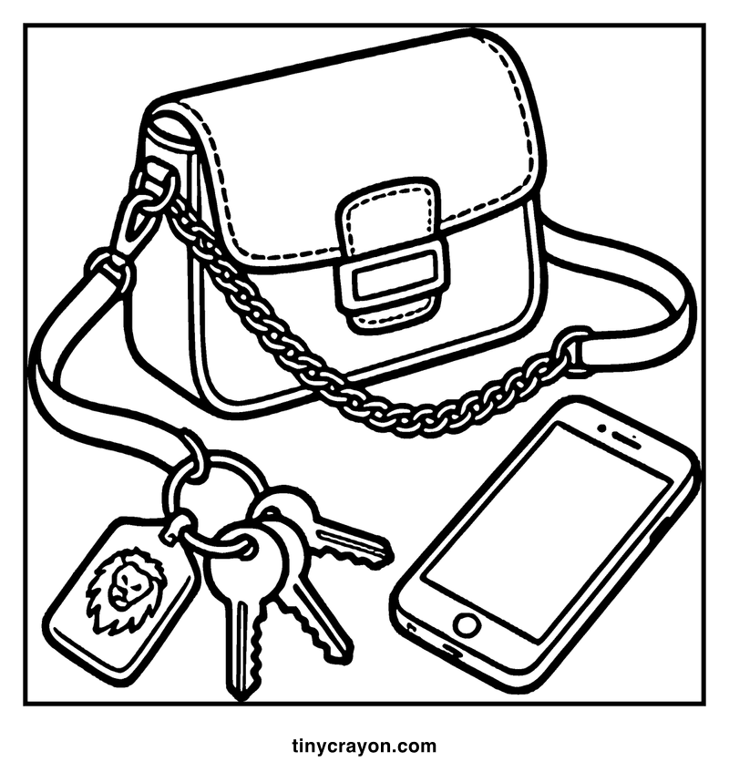 A purse with a lion charm and keys is next to a smartphone, a baddie coloring page