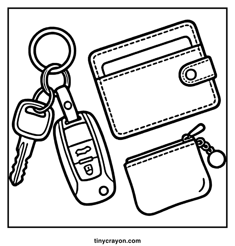A set of keys with a remote and a keychain, hanging from a wallet and a coin pouch, a baddie coloring page