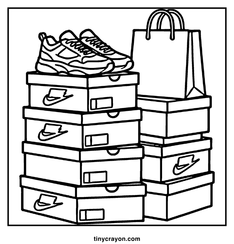 A stack of shoe boxes with a sneaker on top and a shopping bag beside them, a baddie coloring page