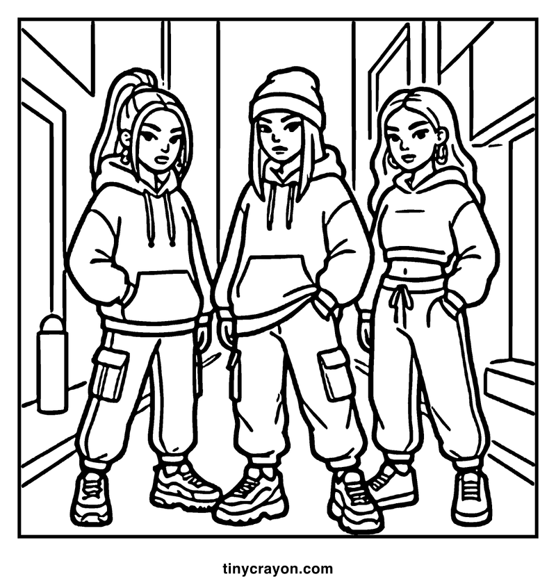 Three young women in casual outfits stand in a subway car, looking serious, a baddie coloring page