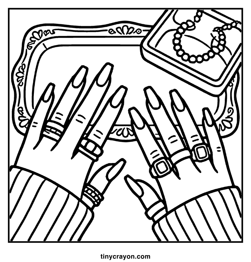 Two hands with long, manicured nails and rings are reaching towards a mirror with a decorative frame, a baddie coloring page