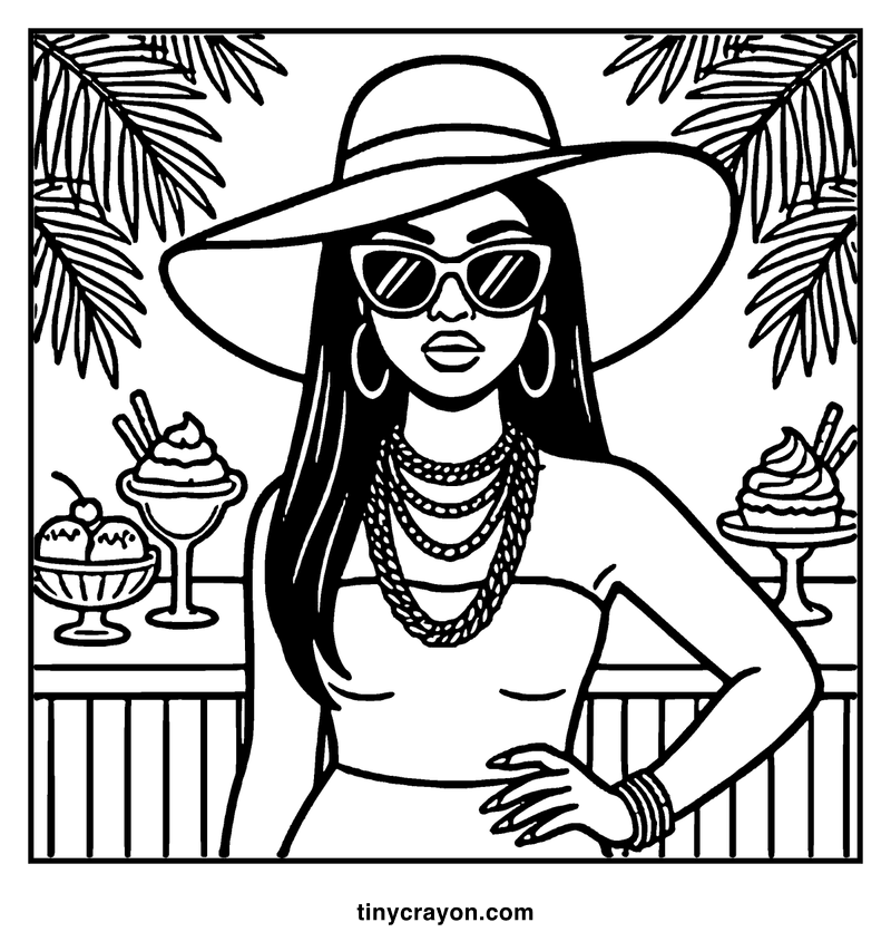 A woman in a wide-brimmed hat and sunglasses is enjoying ice cream in a tropical setting, a baddie coloring page