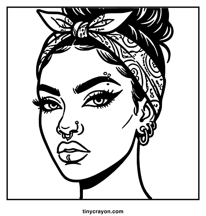 A woman with a patterned headband and a nose ring is looking directly at the viewer, a baddie coloring page