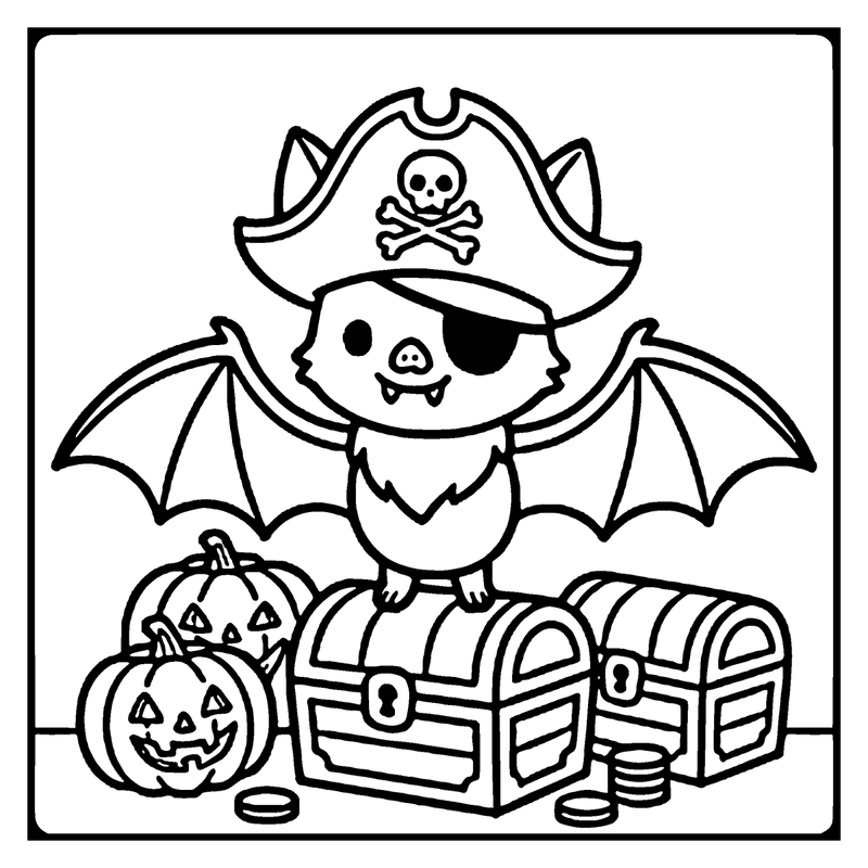 A bat dressed as a pirate sits atop a treasure chest, surrounded by Halloween pumpkins and coins