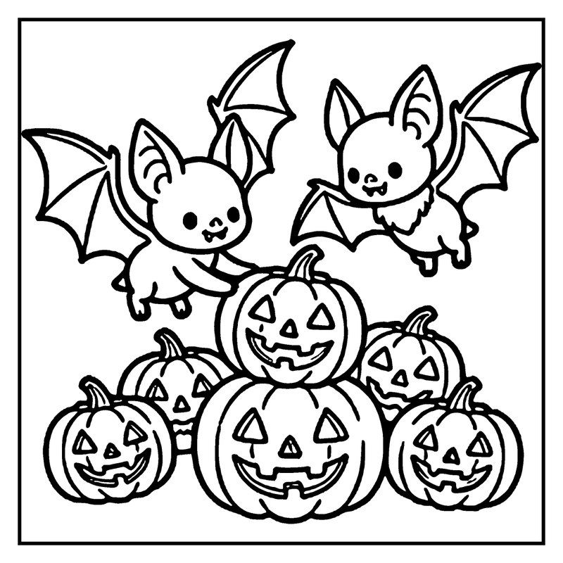 A black and white children's coloring page shows two bats flying above five carved pumpkins