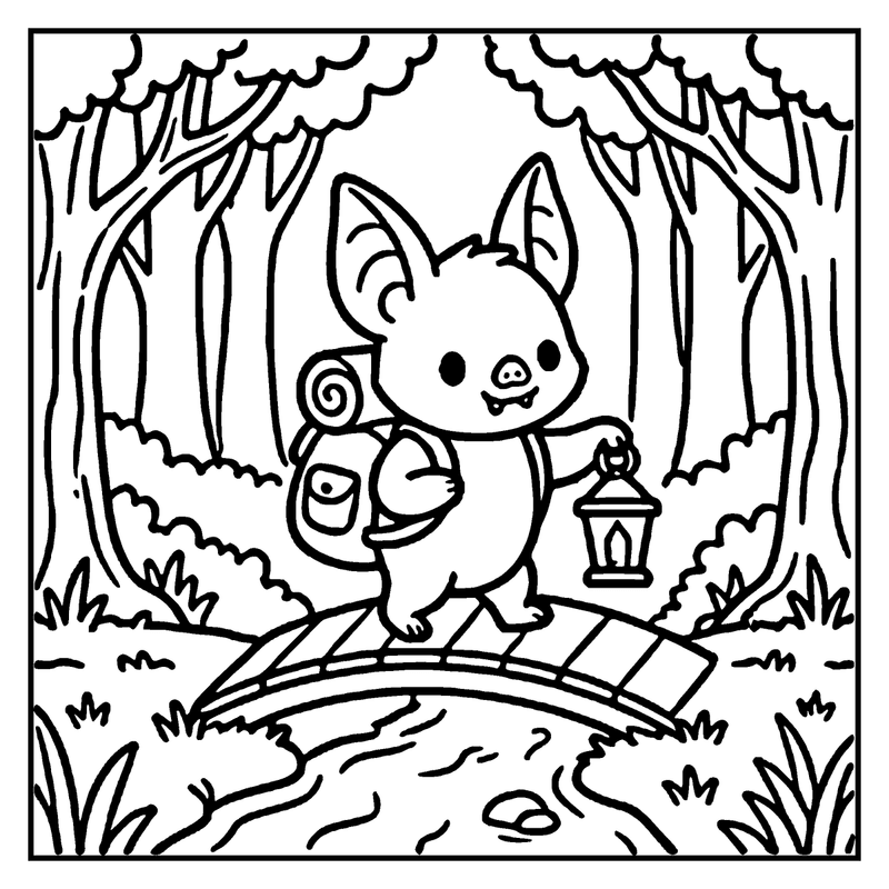 A cute animal character is hiking on a bridge in a forest, holding a lantern and a backpack, a bat coloring page