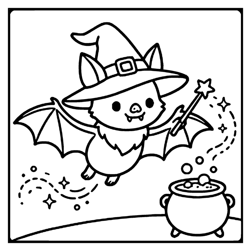 A cute bat dressed as a witch is flying, casting spells, and holding a magic wand