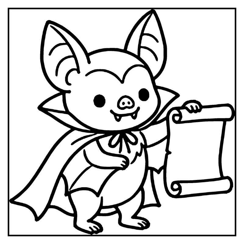 A cute bat dressed as Dracula holds a scroll, ready to write a spooky story
