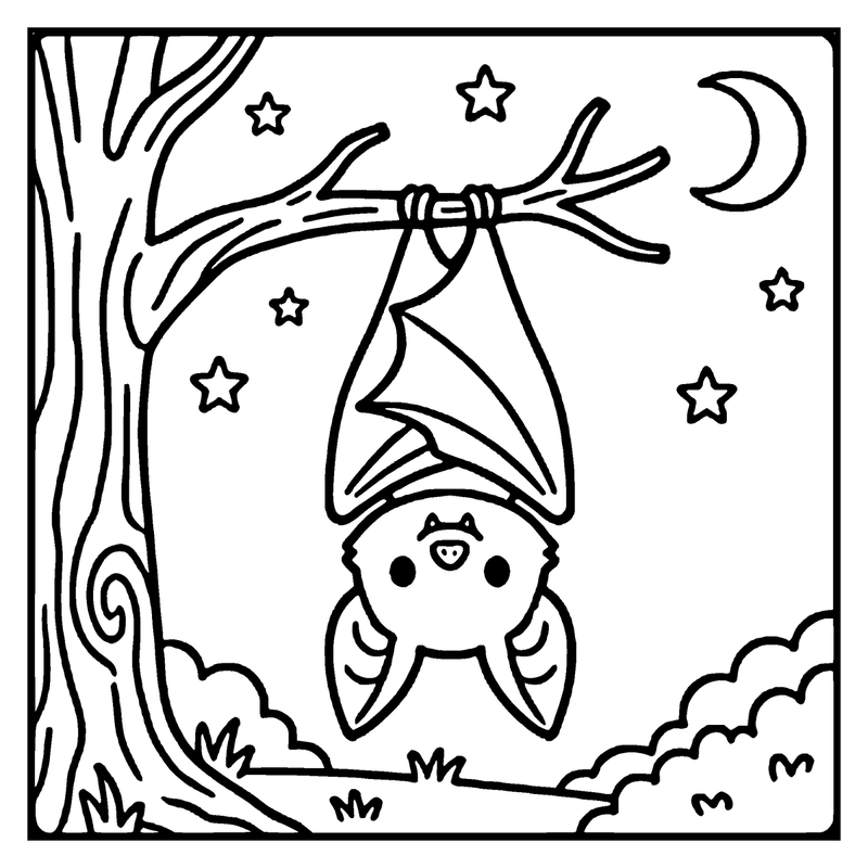 A cute bat hanging upside down from a tree branch, surrounded by stars and a crescent moon