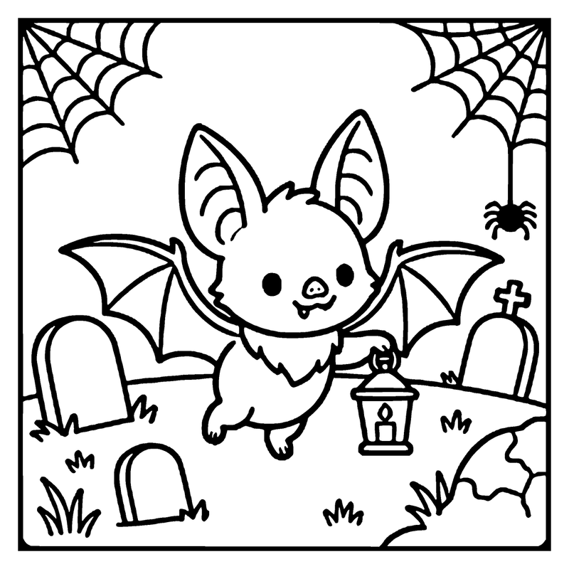 A cute bat holding a lantern in a graveyard with tombstones and cobwebs