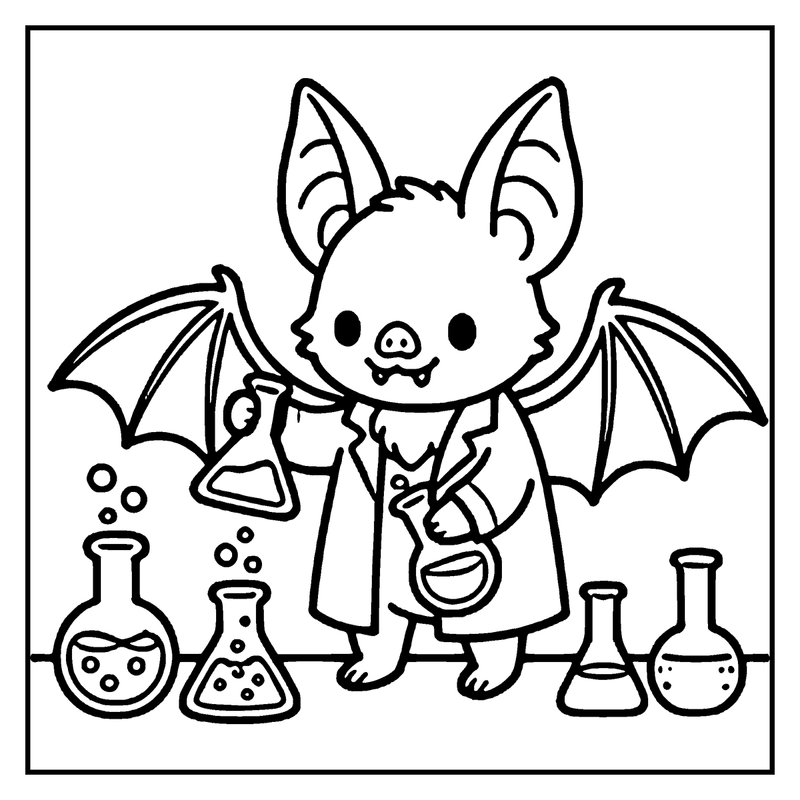 A cute bat in a lab coat is holding a beaker, surrounded by test tubes and bubbling liquids