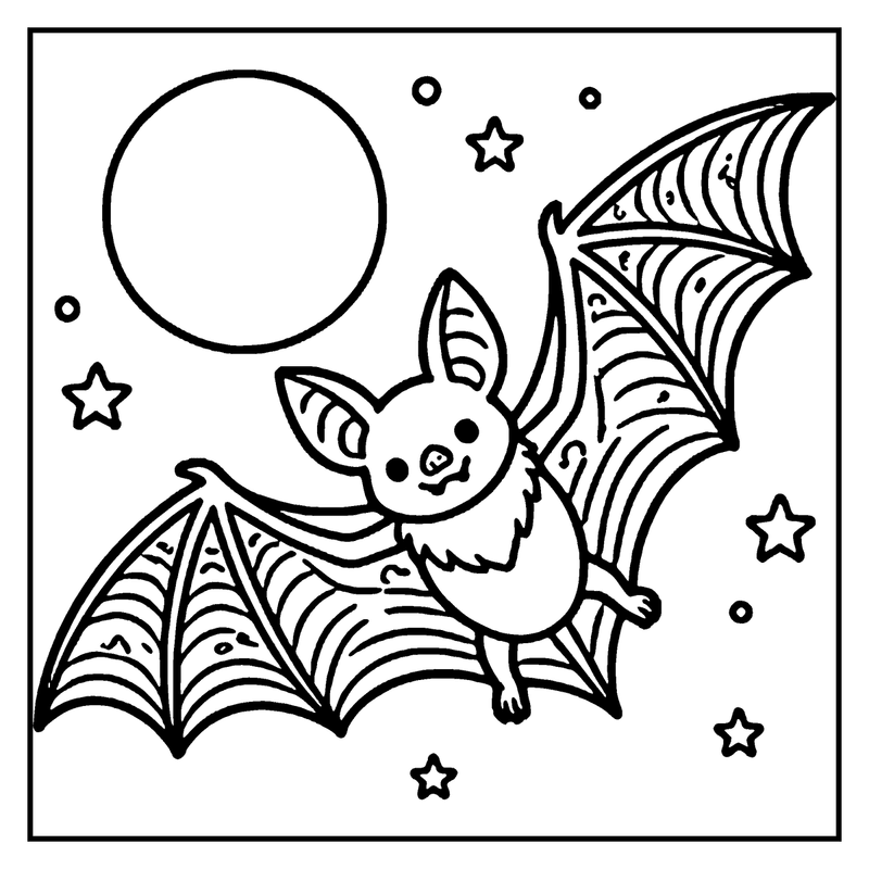 A cute bat is flying in the night sky, surrounded by stars and a full moon