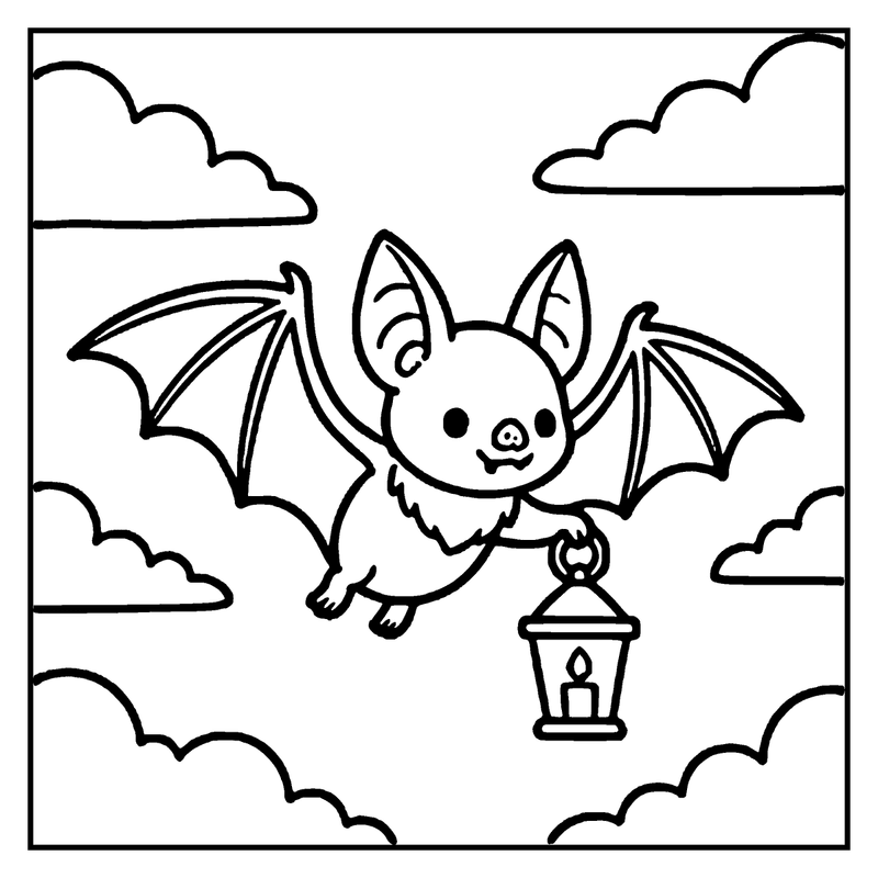 A cute bat is flying in the sky, holding a lantern with a candle inside