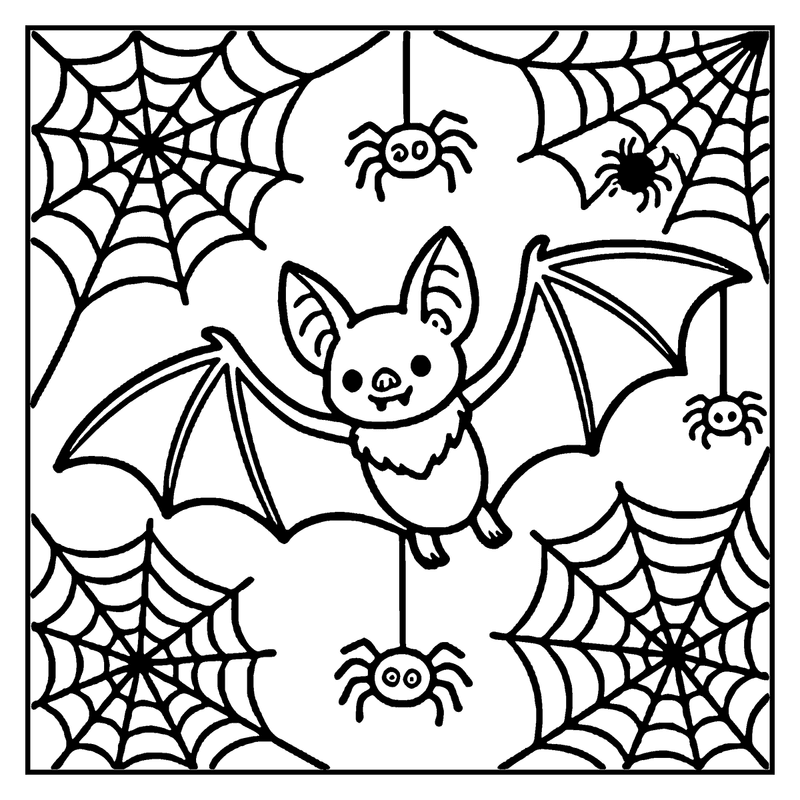 A cute bat is flying through a web with three spiders nearby