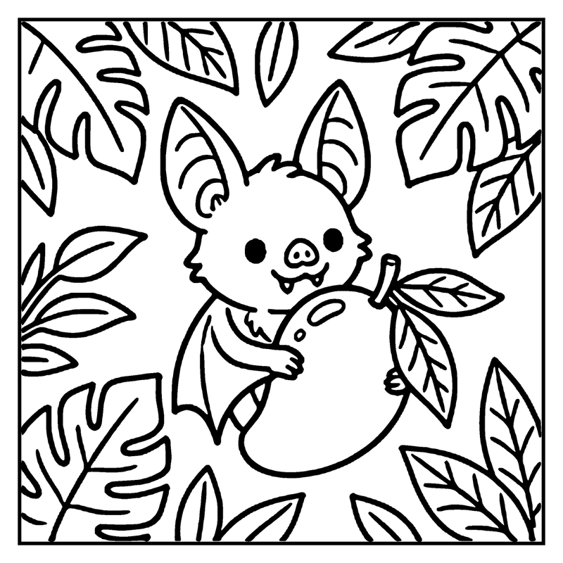 A cute bat is holding a mango surrounded by tropical leaves