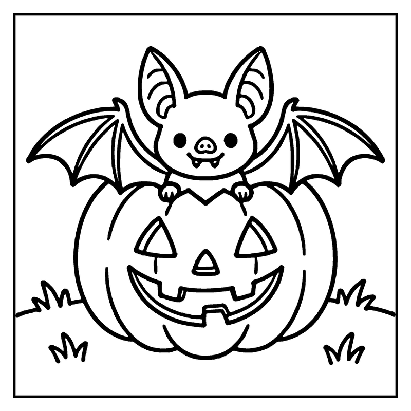 A cute bat is perched on a carved pumpkin, both in a Halloween setting