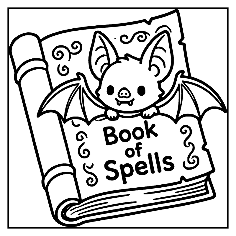 A cute bat is perched on the cover of a book titled "Book of Spells"