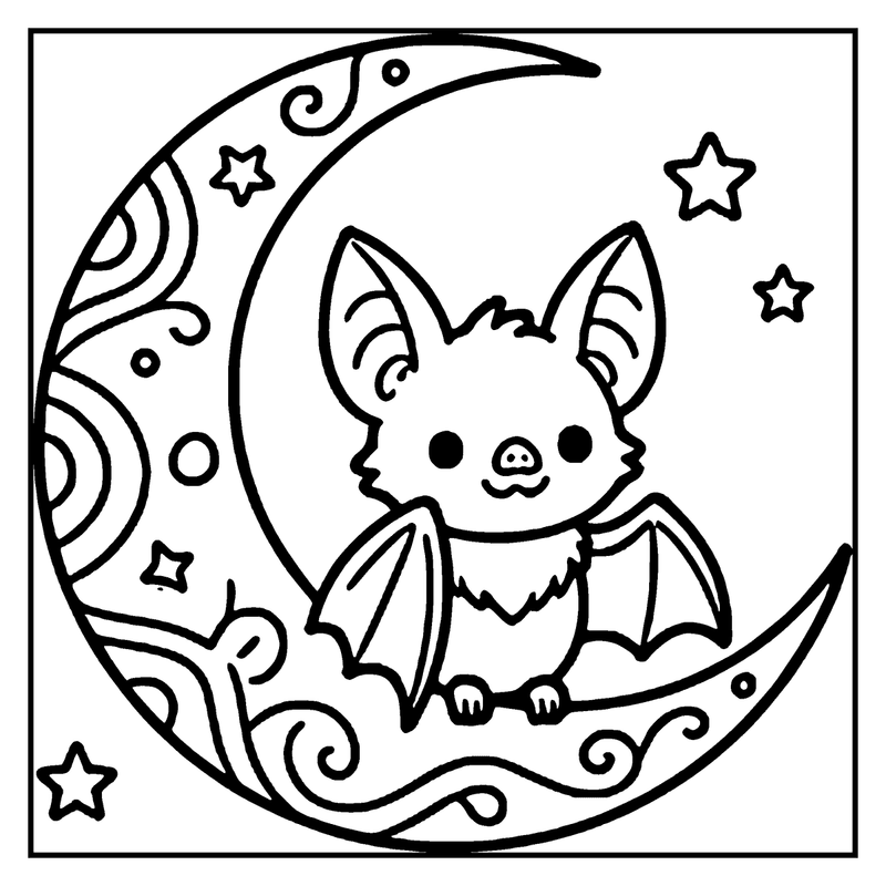 A cute bat sits on a crescent moon, surrounded by stars and swirls