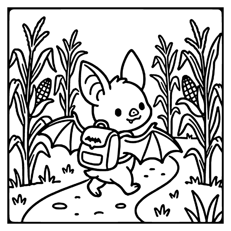 A cute bat wearing a backpack is walking through a cornfield
