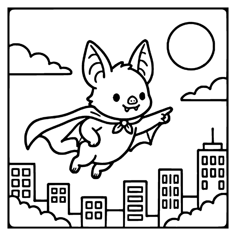 A cute bat wearing a cape flies over a cityscape with tall buildings and a full moon in the sky