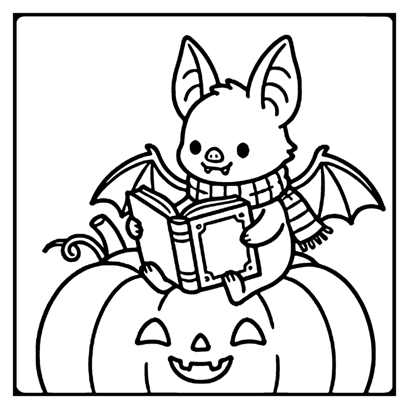 A cute bat wearing a scarf is reading a book on a carved pumpkin
