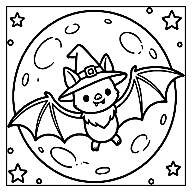 A cute bat wearing a witch's hat is flying on a moon with stars around