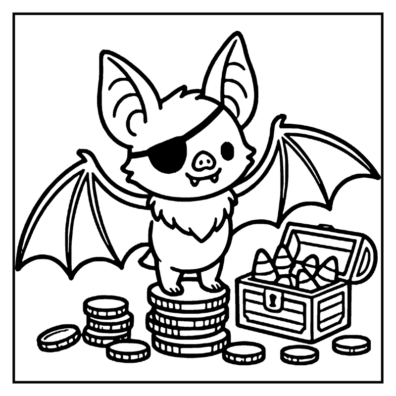A cute bat with a pirate eye patch is standing on a stack of coins next to a treasure chest filled with crayons