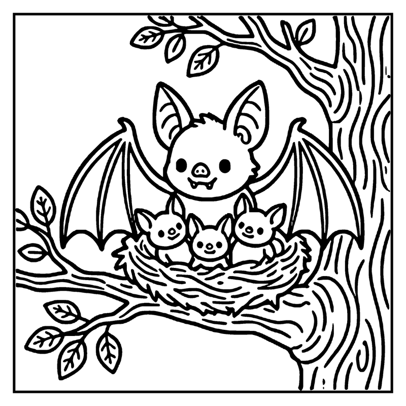 A cute bat with its three baby bats in a nest on a tree branch